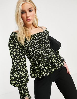New Look shirred square neck blouse in black floral - ASOS Price Checker