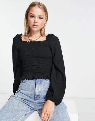 NEW LOOK SHIRRED SQUARE NECK LONG SLEEVED TOP IN BLACK