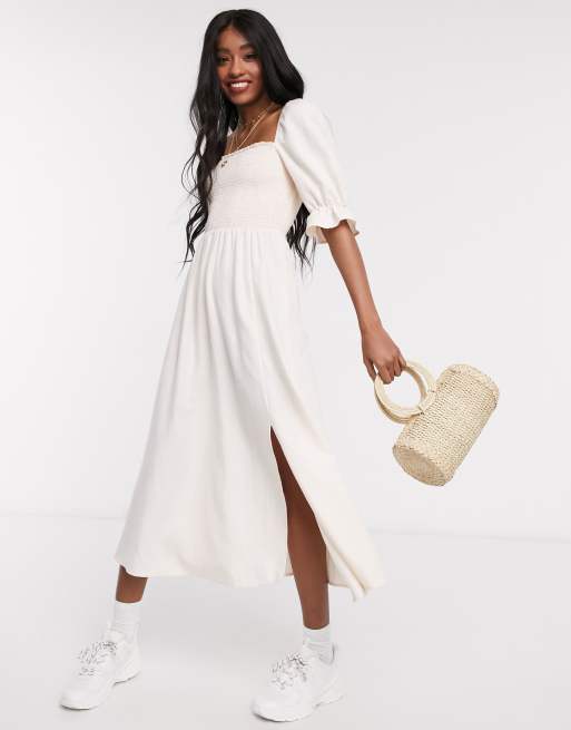 New Look shirred square neck midi dress in pale pink | ASOS