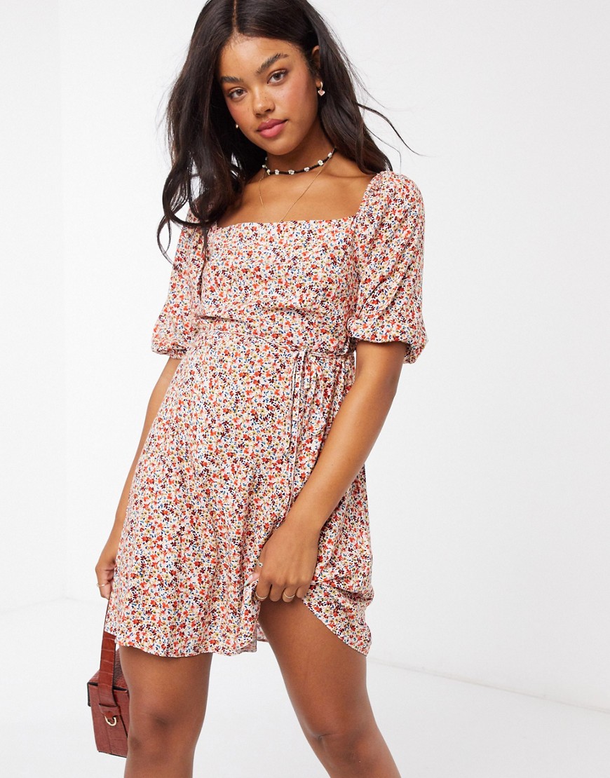 New Look shirred square neck mini dress in ditsy floral-White