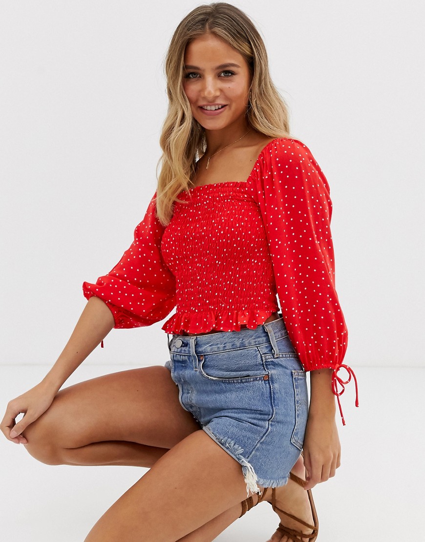 New Look shirred square neck top in red polka dot