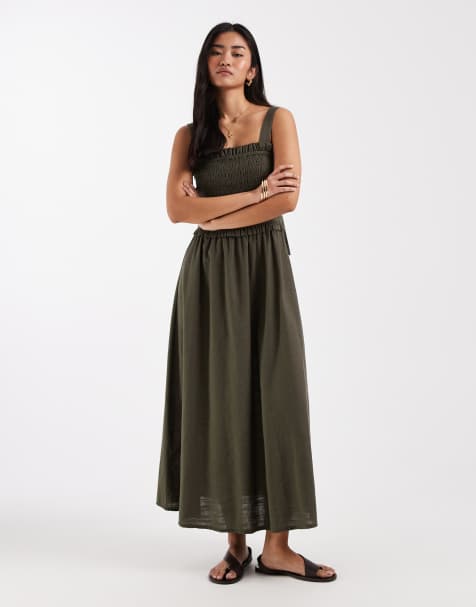 New Look shirred tie back midi dress in khaki - view 1