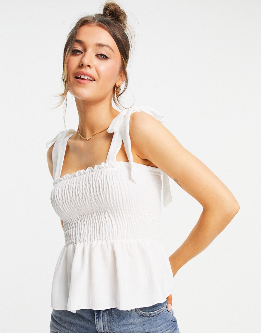 New Look shirred tie strap cami in off white