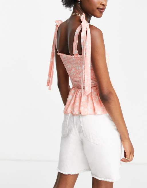 New Look shirred tie strap cami in pink floral, 2 of 4