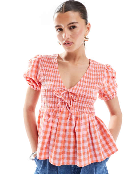 New Look shirred tie tea top in red gingham - view 1