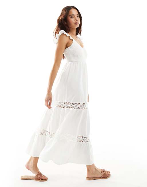 New Look shirred top tiered midi dress in white