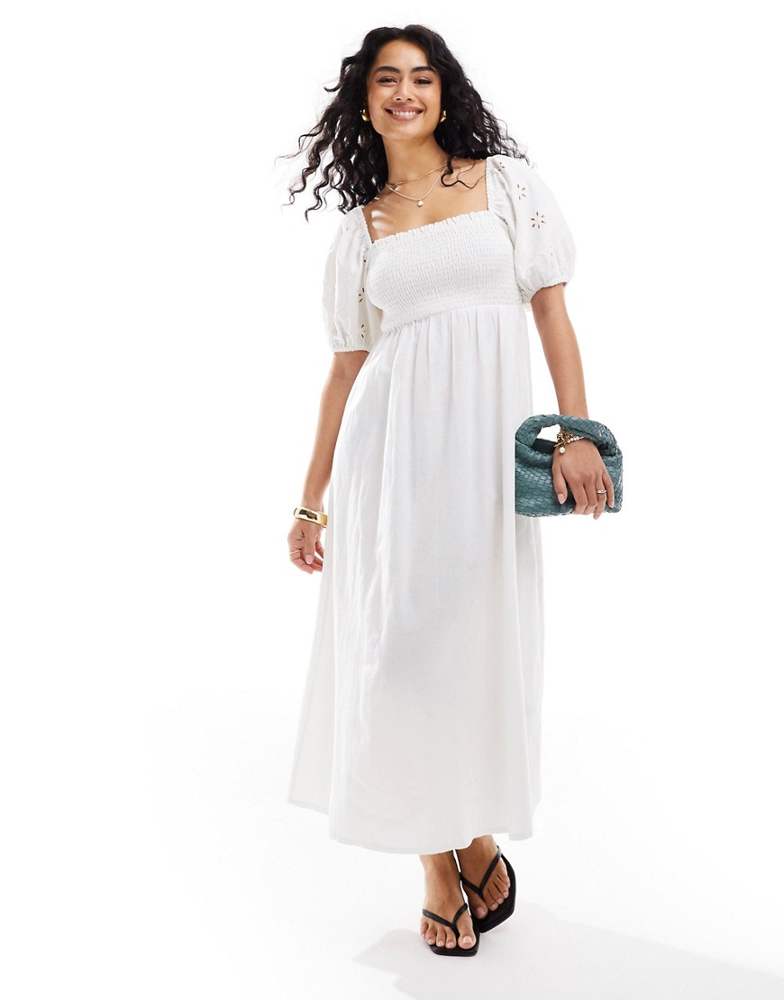 New Look shirred waist broderie detail sleeve in white