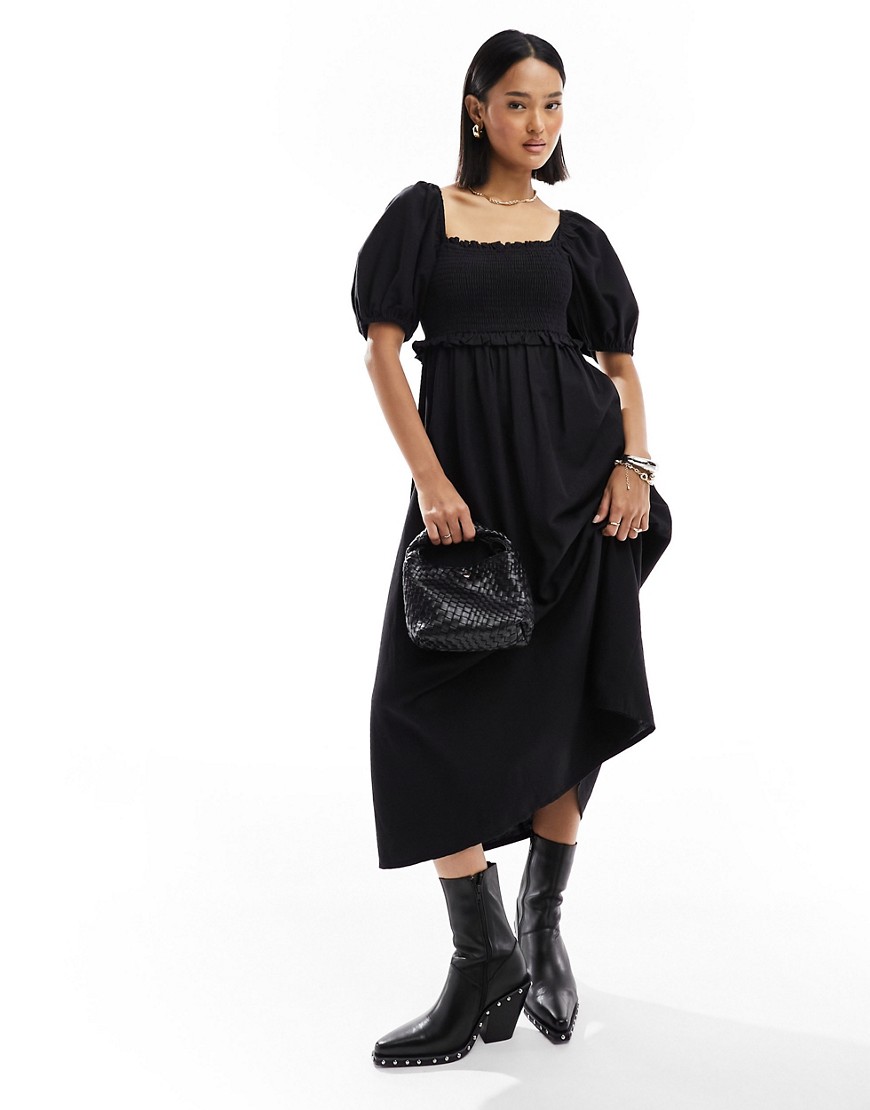 New Look shirred waist puff sleeve midi dress in black