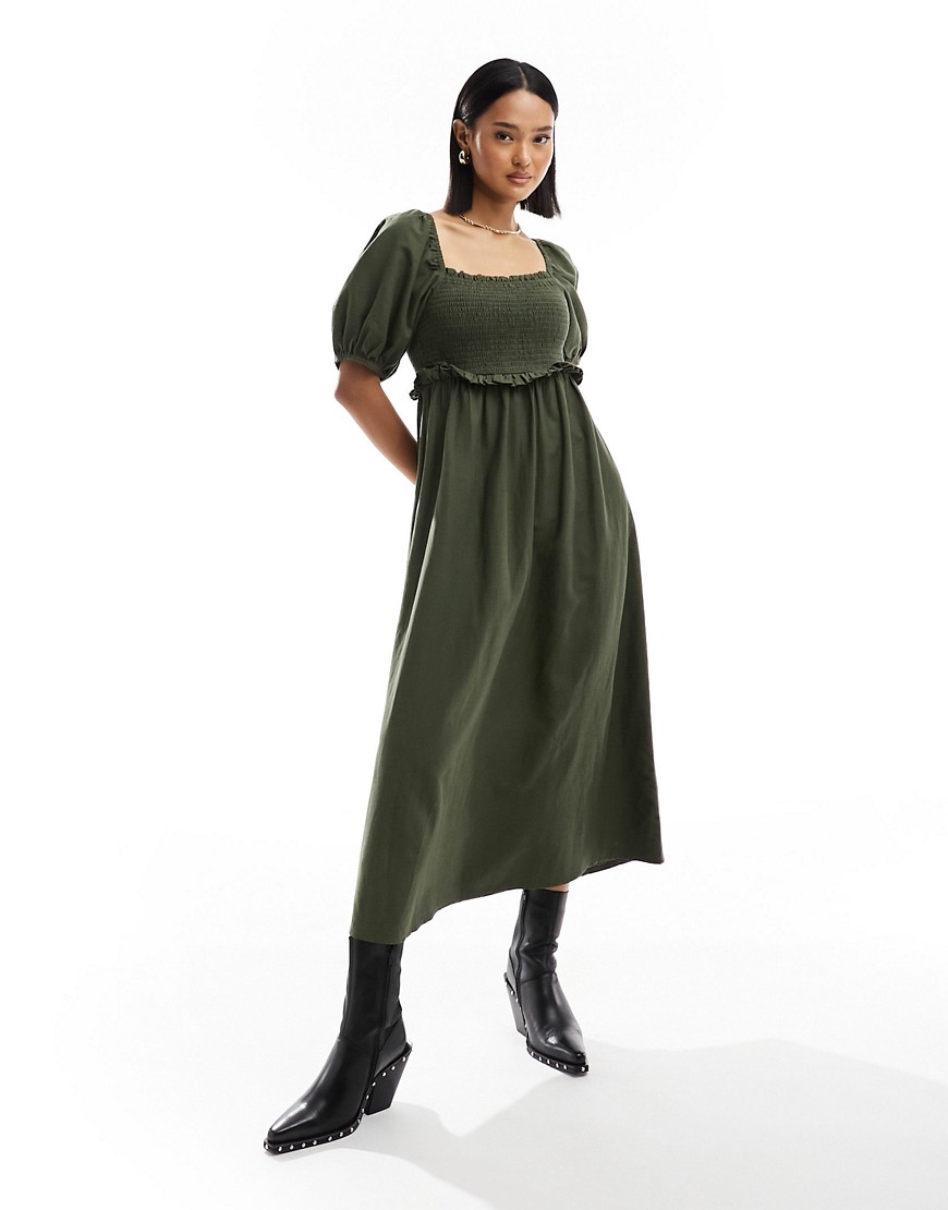 New Look shirred waist puff sleeve midi dress in dark khaki-Green