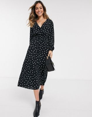 New Look Shirred Waist V Neck Maxi Dress In Black Polka Dot | ModeSens