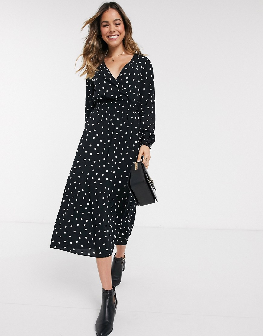 New Look Shirred Waist V Neck Maxi Dress In Black Polka Dot | ModeSens