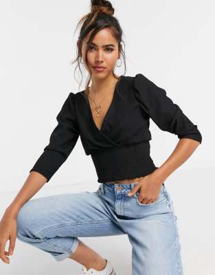 New Look shirred waist wrap top in black | ASOS