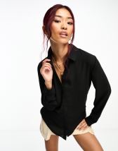 New Look textured chiffon collared blouse in black | ASOS