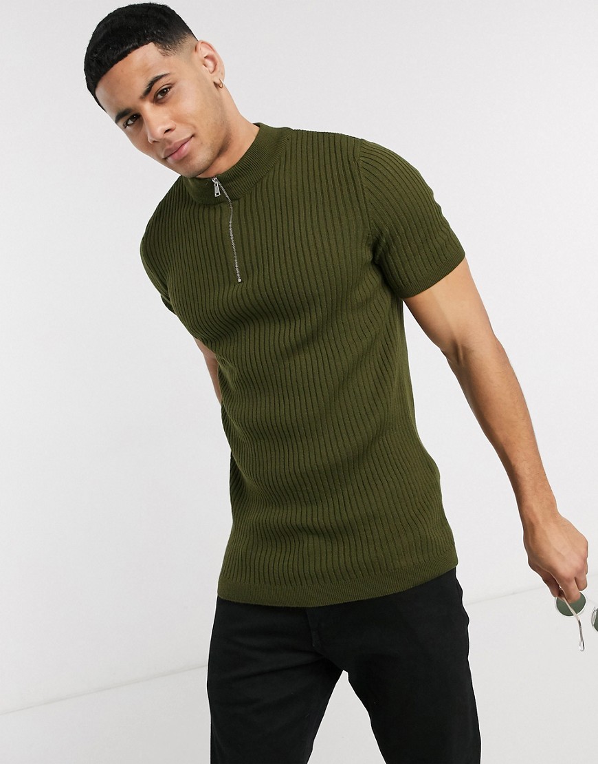New Look shirt sleeve muscle fit rib t-shirt in khaki-Green