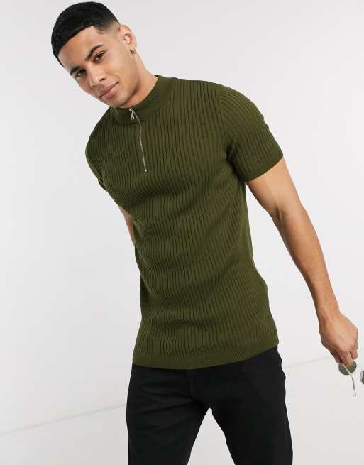 ASOS Knitted Ribbed Polo Neck T-shirt Khaki in Green for Men