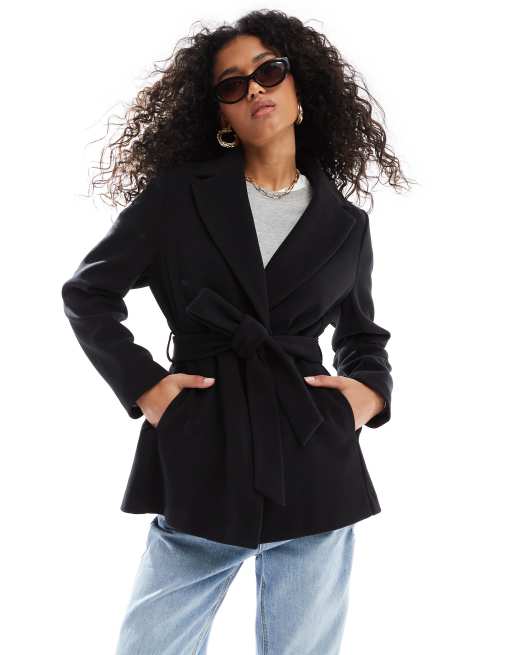 New Look short belted coat in black ASOS