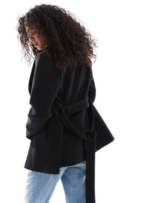 New Look short belted coat in black