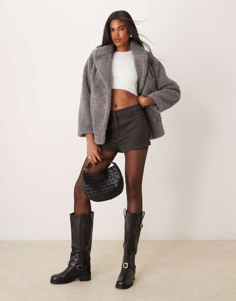 New Look short borg coat in grey - view 1