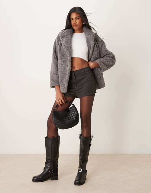 New Look short borg coat in grey ASOS