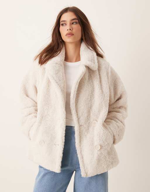 New Look short borg coat in off white ASOS