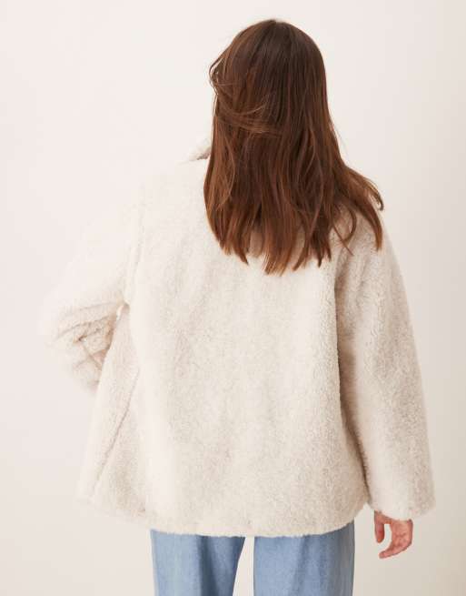 New Look short borg coat in off white ASOS