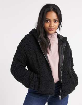 black teddy coat with hood