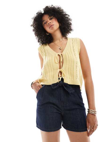 New Look - Short en denim doux avec taille froncée haute - Bleu marine - view 1