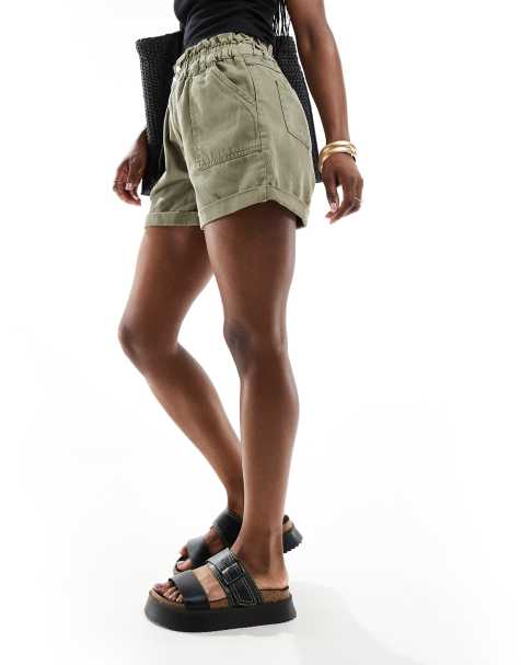 New Look - Short en jean à taille haute froncée - Kaki foncé - view 1