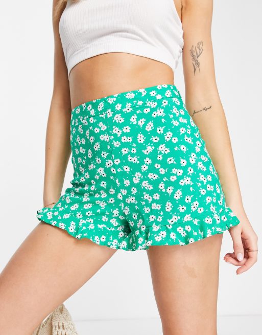 New Look - Short met hoge taille, ruches en fijne print in groen