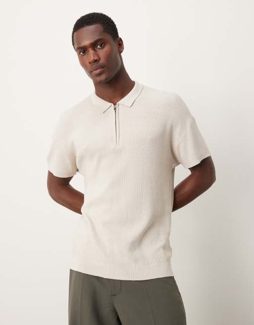 New Look short sleeve 1 4 zip polo in stone ASOS