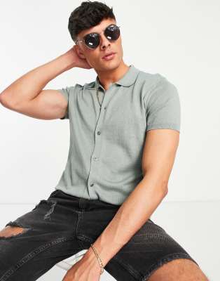 New Look short sleeve button through polo in sage - ASOS Price Checker