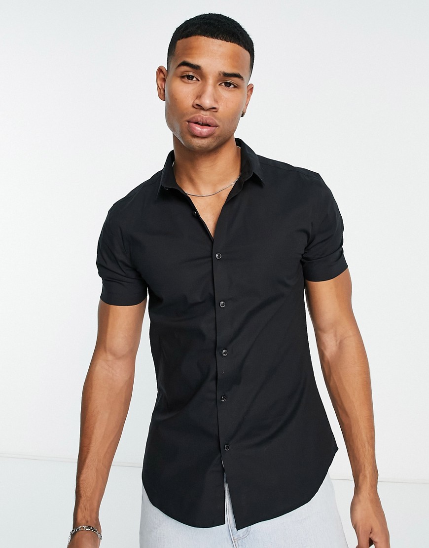 New Look short sleeve button up polo in black-Green