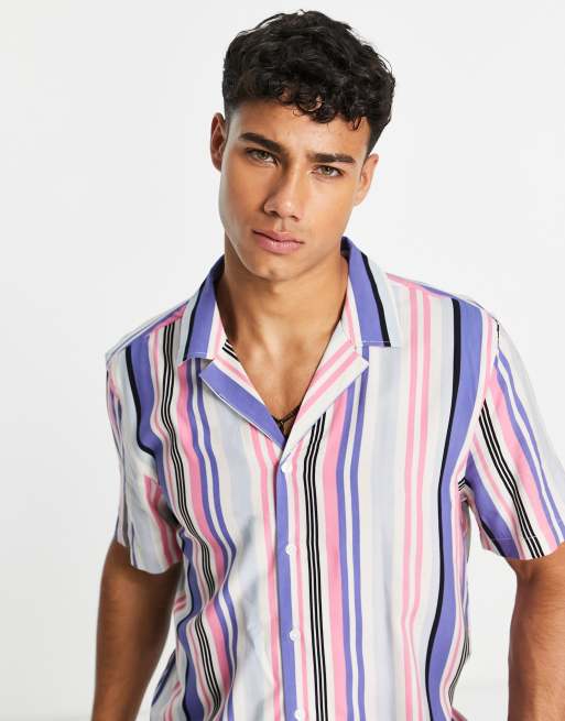 New Look short sleeve camp collar shirt with stripes in pink ASOS