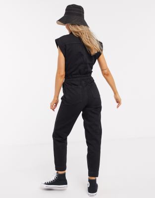 black short sleeve denim boiler suit