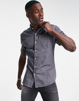 New Look short sleeve denim shirt in mid grey | ASOS