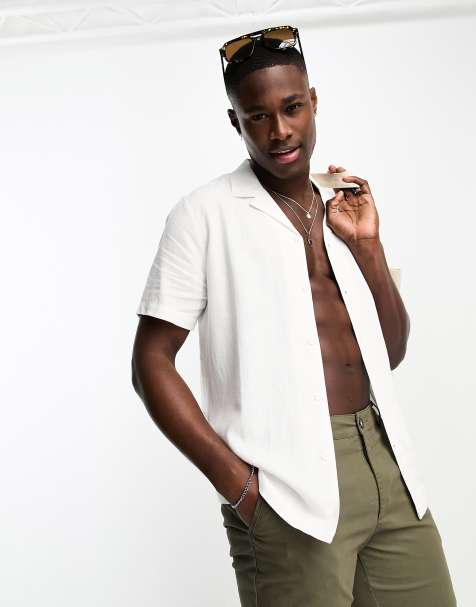 New Look short sleeve linen blend revere shirt in white - view 1