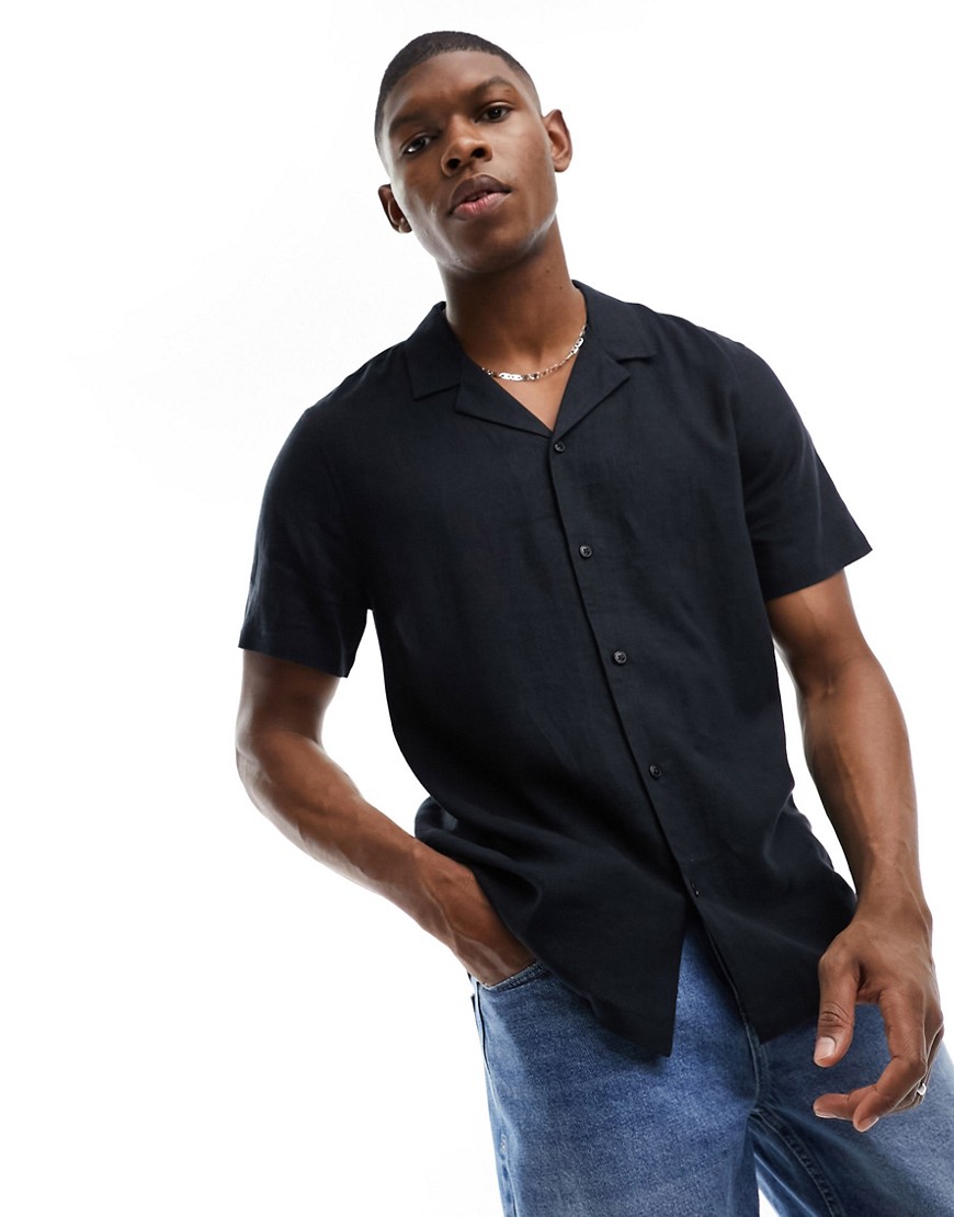 New Look short sleeve linen blend shirt in black