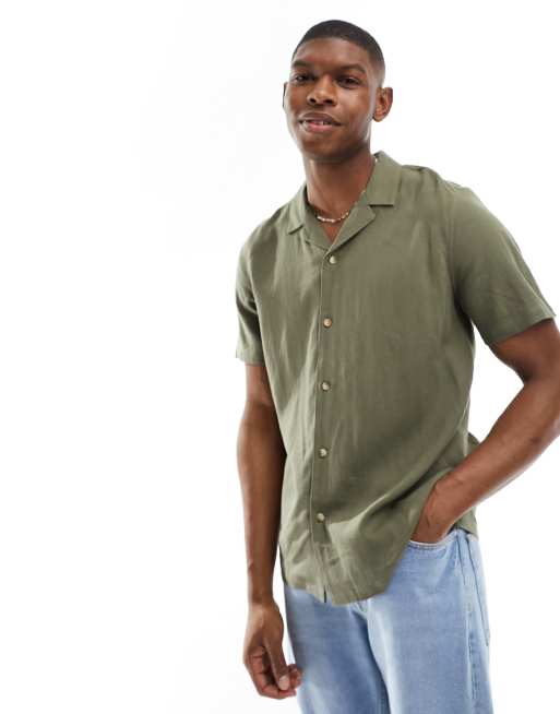  New Look short sleeve linen blend shirt in dark khaki