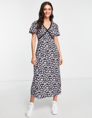 New Look Short Sleeve Midi Dress In Black Floral