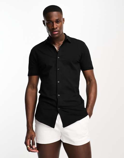 New Look short sleeve button up polo in black