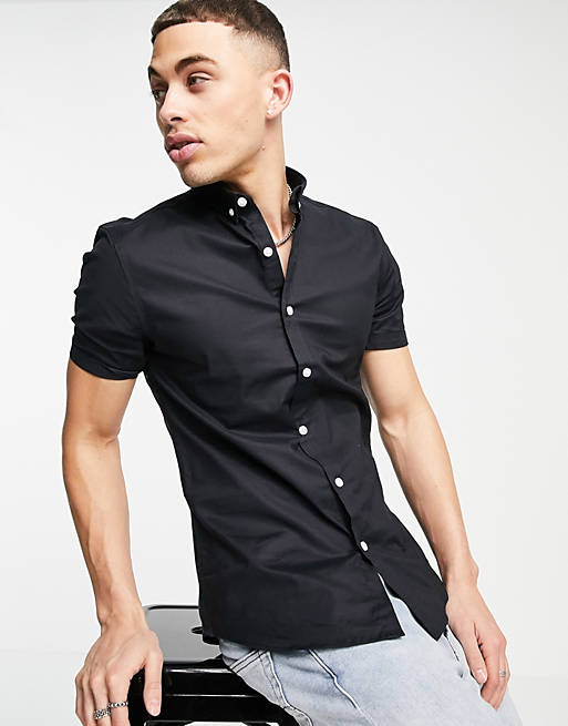 New Look short sleeve muscle fit oxford in black 