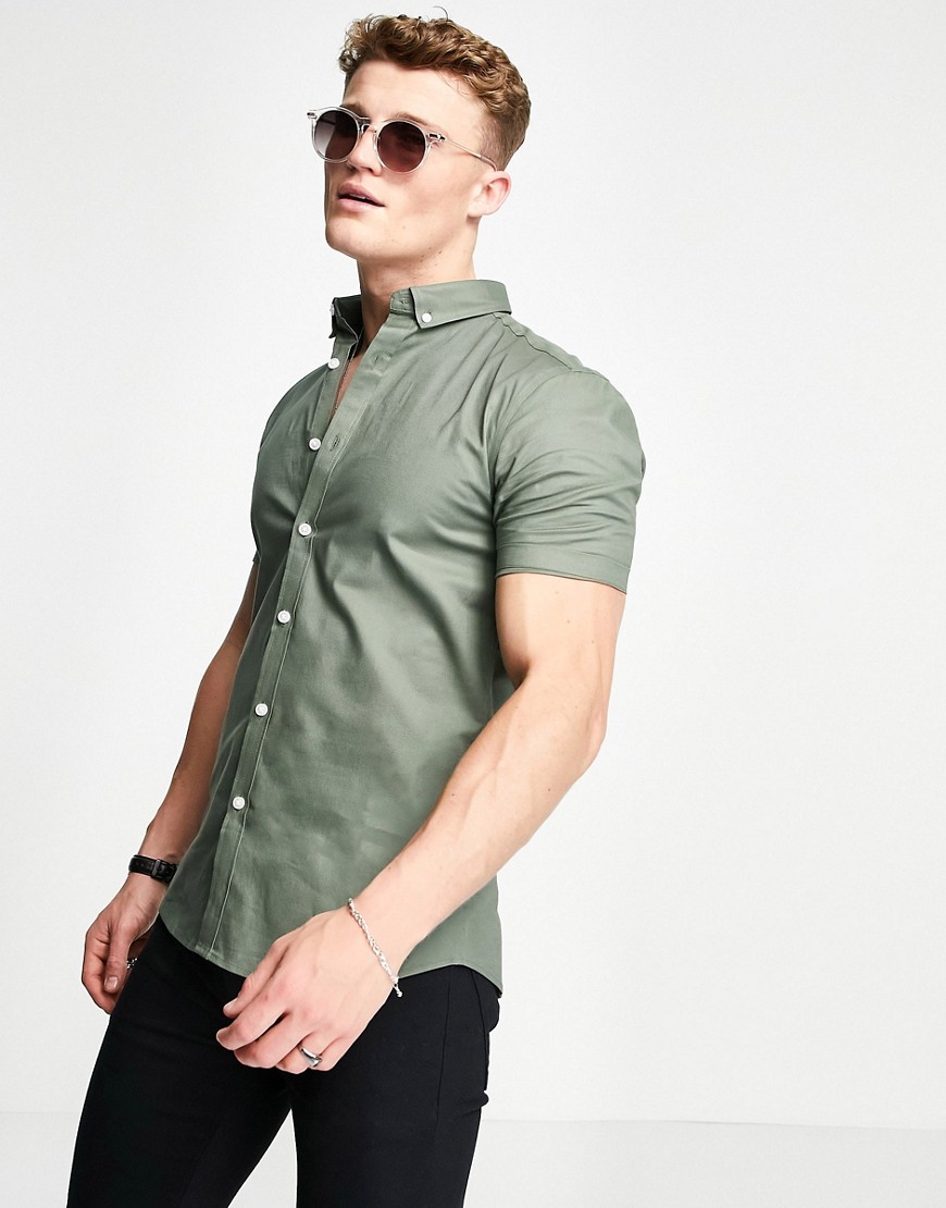 New Look short sleeve muscle fit oxford in khaki-Green