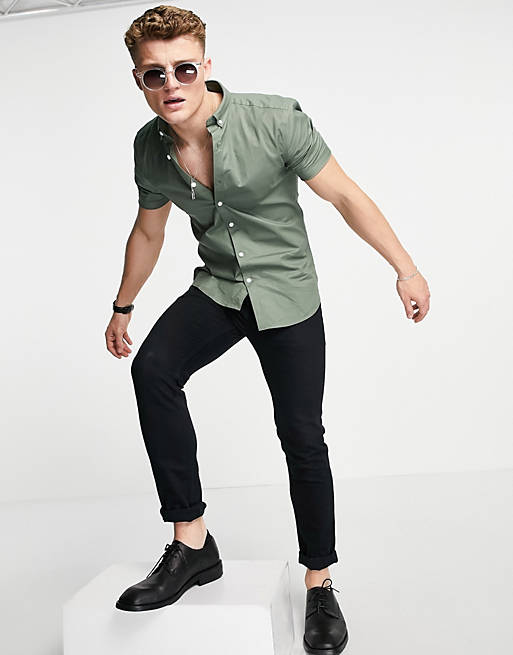 Shirts New Look short sleeve muscle fit oxford in khaki 