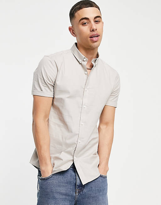 Shirts New Look short sleeve muscle fit oxford in stone 