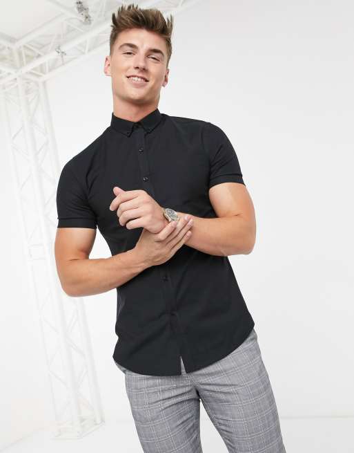 New Look short sleeve muscle fit oxford shirt in black