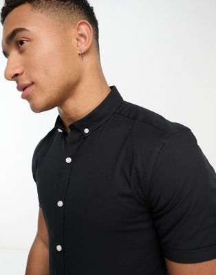 New Look Smart Short Sleeve Muscle Fit Oxford Shirt In Black