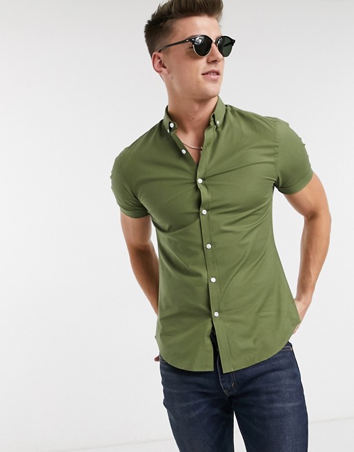 New Look short sleeve muscle fit oxford shirt in khaki