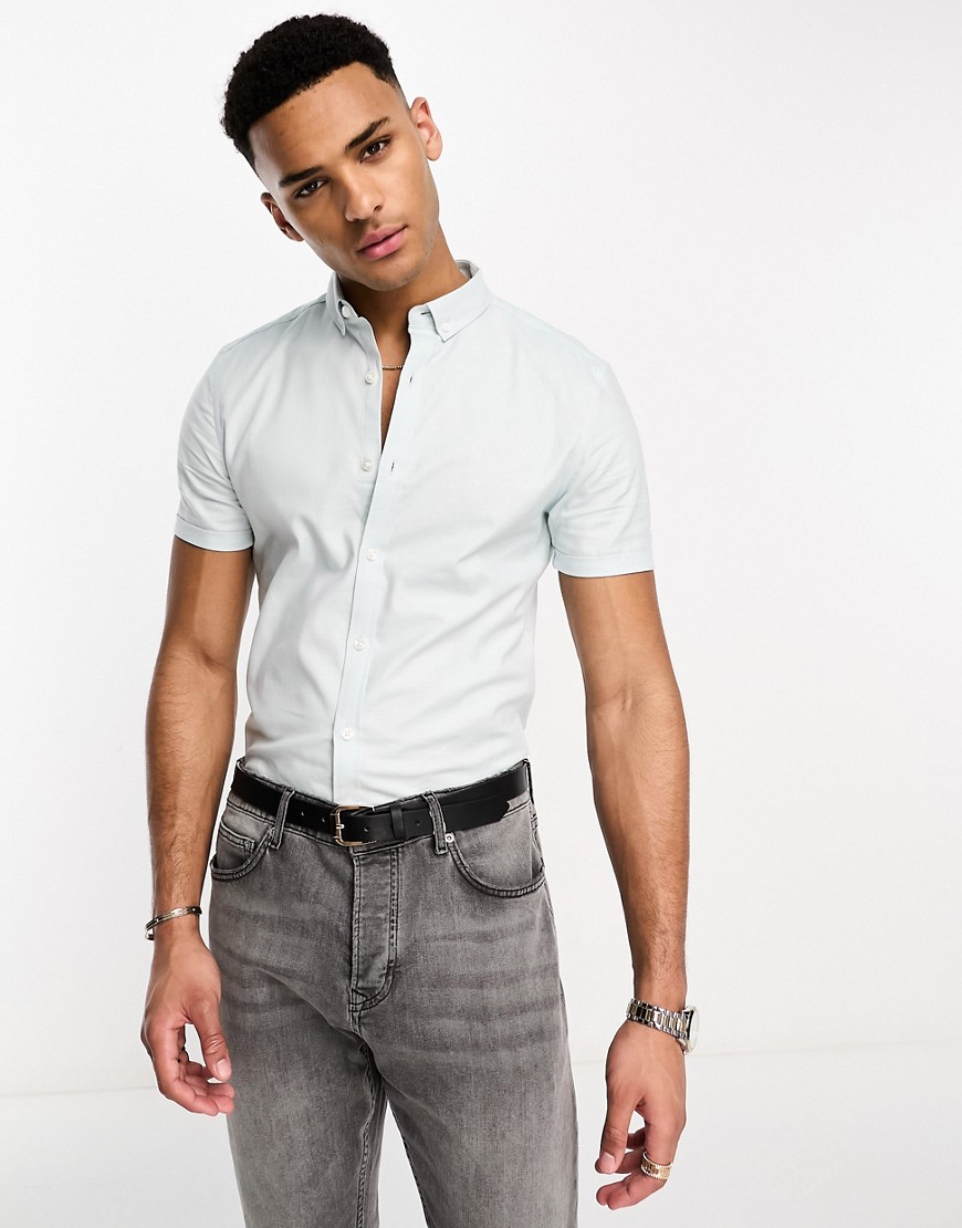 New Look short sleeve muscle fit oxford shirt in light blue