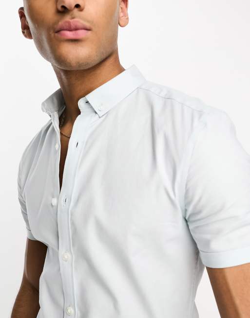 New Look short sleeve muscle fit oxford shirt in light blue, 2 of 4