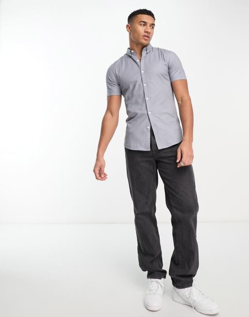 New Look short sleeve muscle fit oxford shirt in light gray